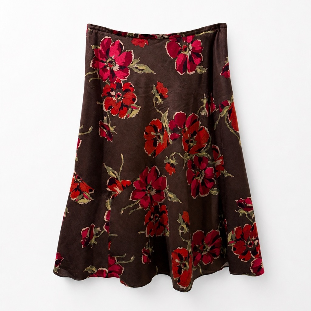 Sundance Silk Wool Floral Skirt Brown Red A-Line Midi Size 8